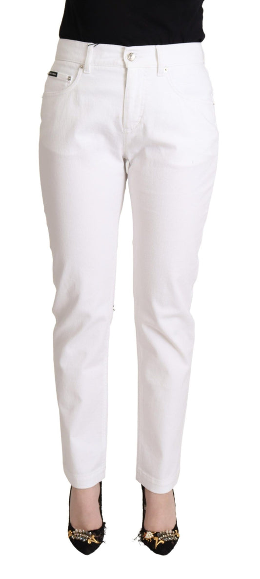 Dolce & Gabbana Chic White Tapered Denim Jeans with Logo Patch