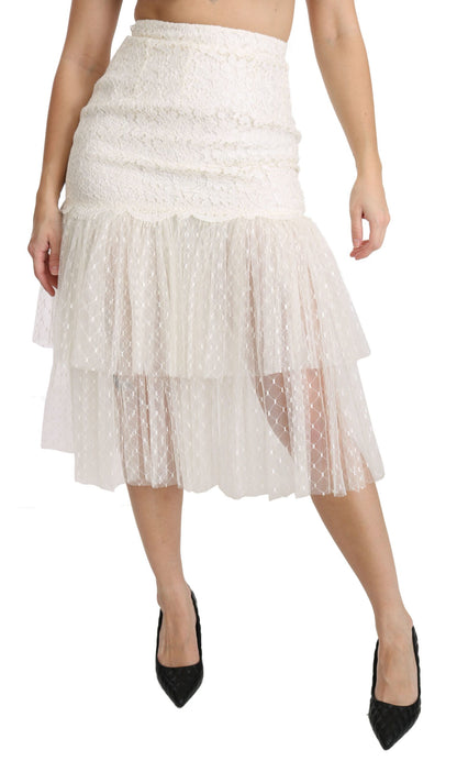 Dolce & Gabbana White Lace Layered High Waist Midi Cotton  Skirt