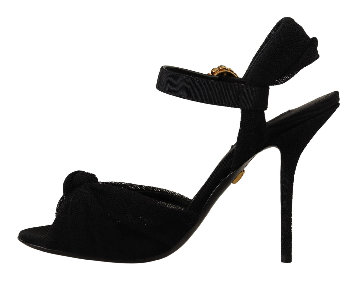Dolce & Gabbana Black Tulle Ankle Strap Heels with Crystal Buckle