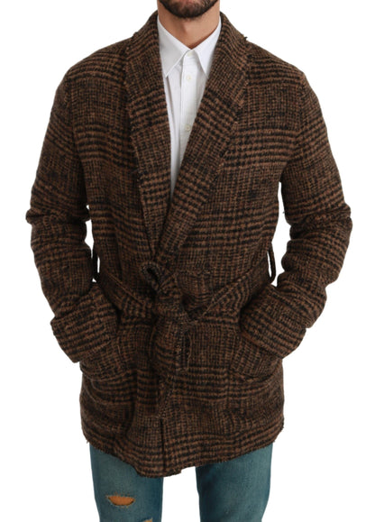 Dolce & Gabbana Brown Checkered Wool Robe Coat  Wrap Jacket