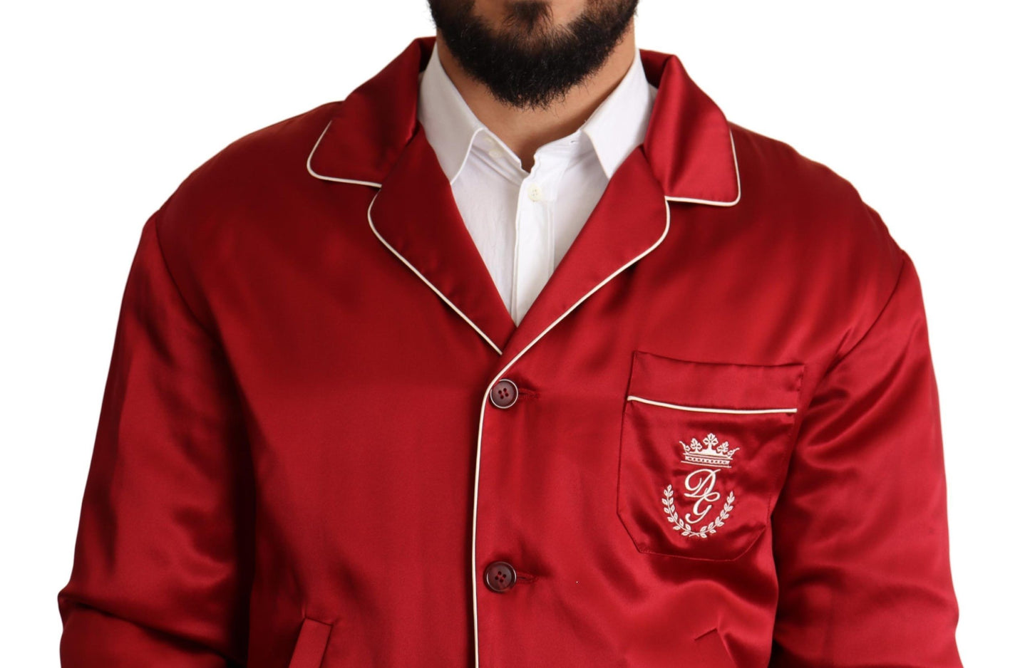 Dolce & Gabbana Red Silk Button DG Logo Bomber Jacket