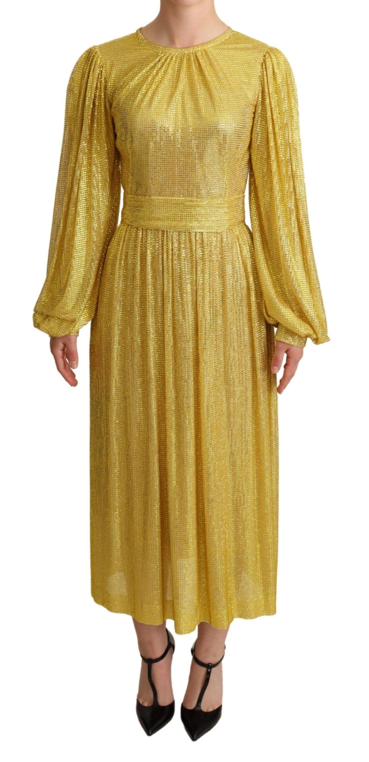 Dolce & Gabbana Yellow Crystal Mesh Pleated Maxi Dress