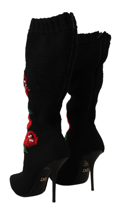 حذاء دولتشي آند غابانا الأنيق ذو الجورب مع تفاصيل الورود الحمراء