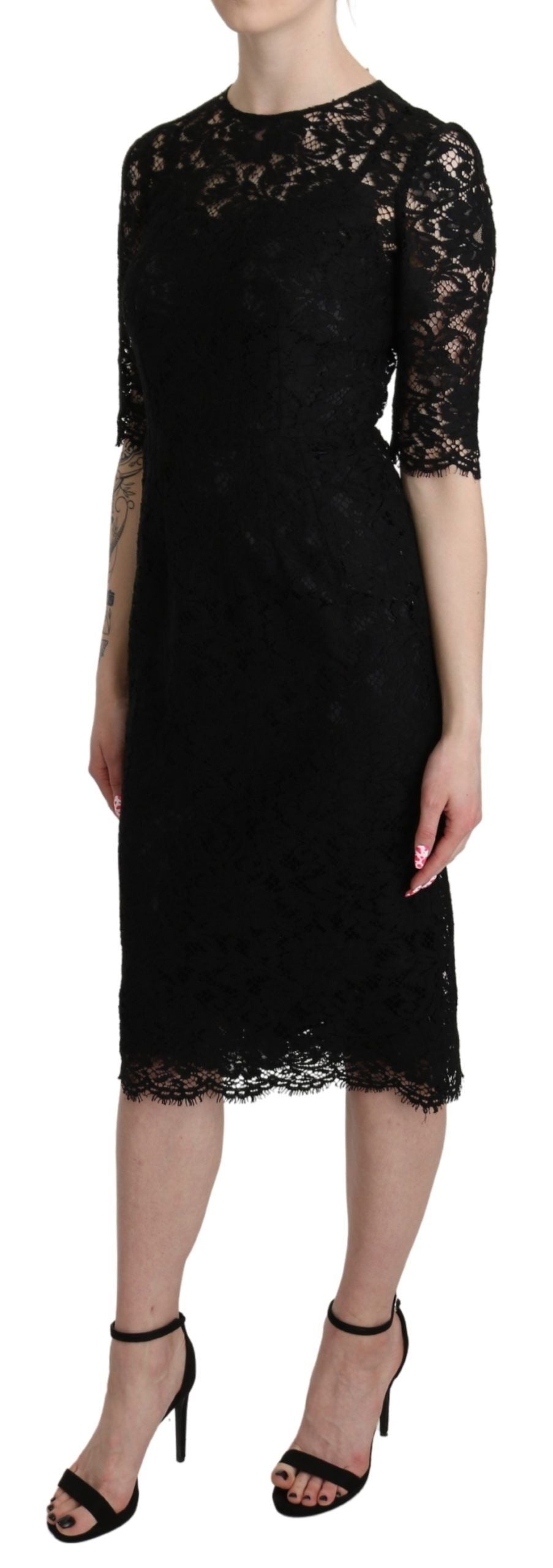 Dolce & Gabbana Black Floral Lace Sheath Knee Length Dress