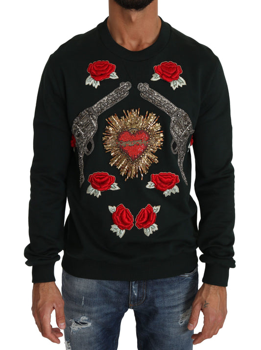 Dolce & Gabbana Emerald Cotton Sweater with Crystal Embroidery
