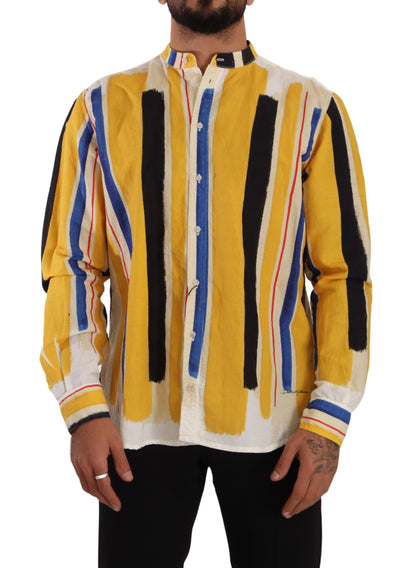 Dolce & Gabbana Yellow Striped Henley Linen Cotton Shirt