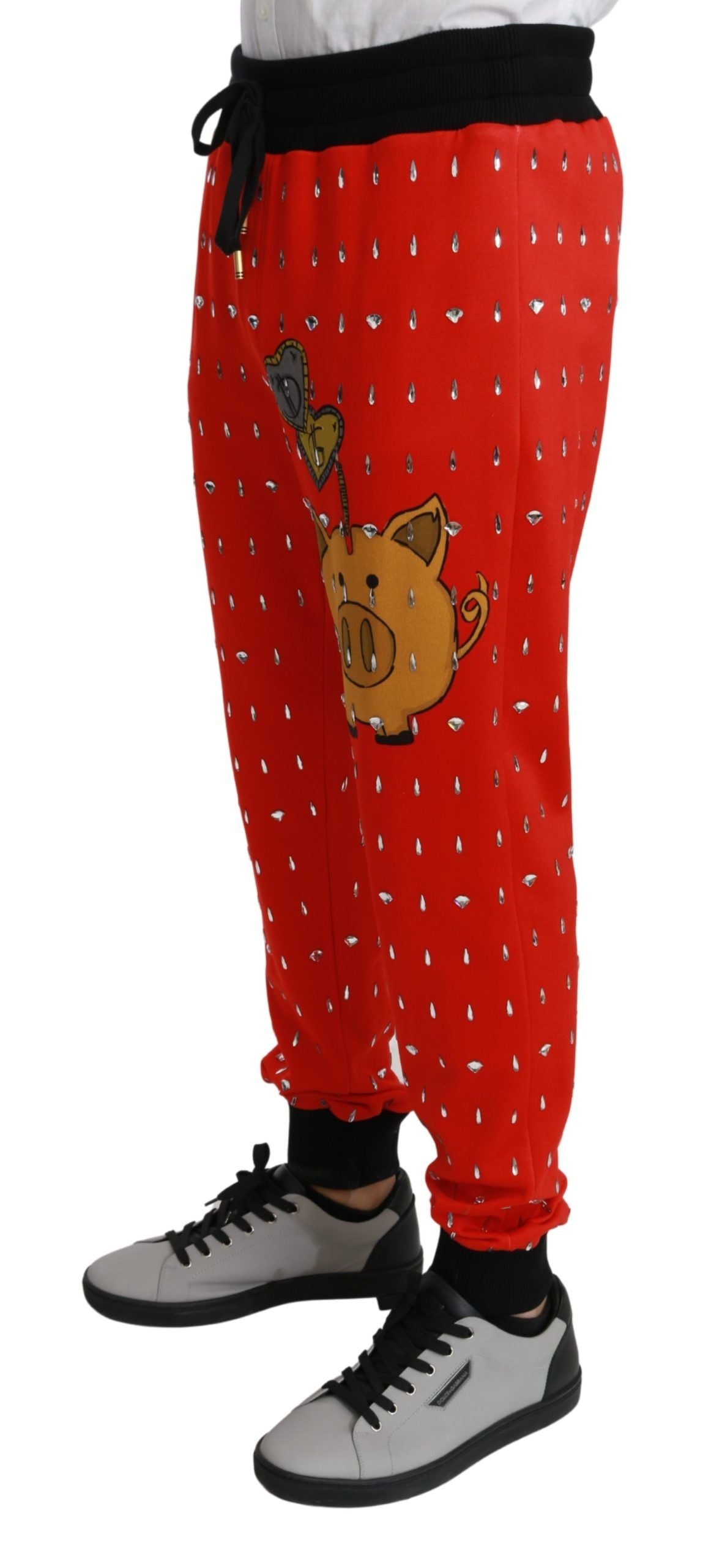 Dolce & Gabbana Red Piggy Bank Cotton Crystal Trousers Pants