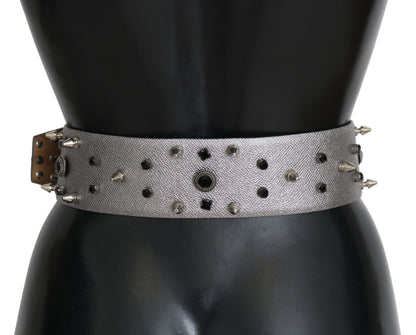 Dolce & Gabbana Silver Leather Crystal Stud Logo Buckle Belt