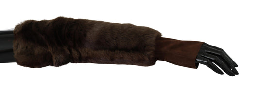 Dolce & Gabbana Elegant Brown Fur & Leather Elbow-Length Gloves
