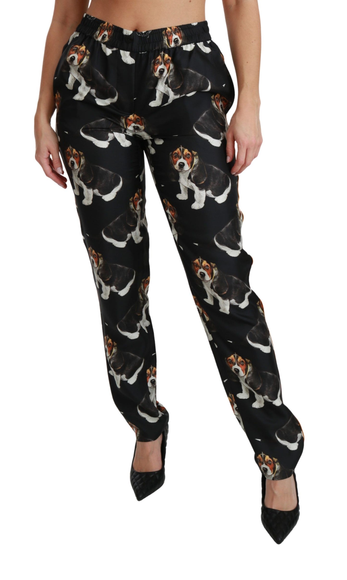 Dolce & Gabbana Elegant Silk Puppy Dog Print Pants