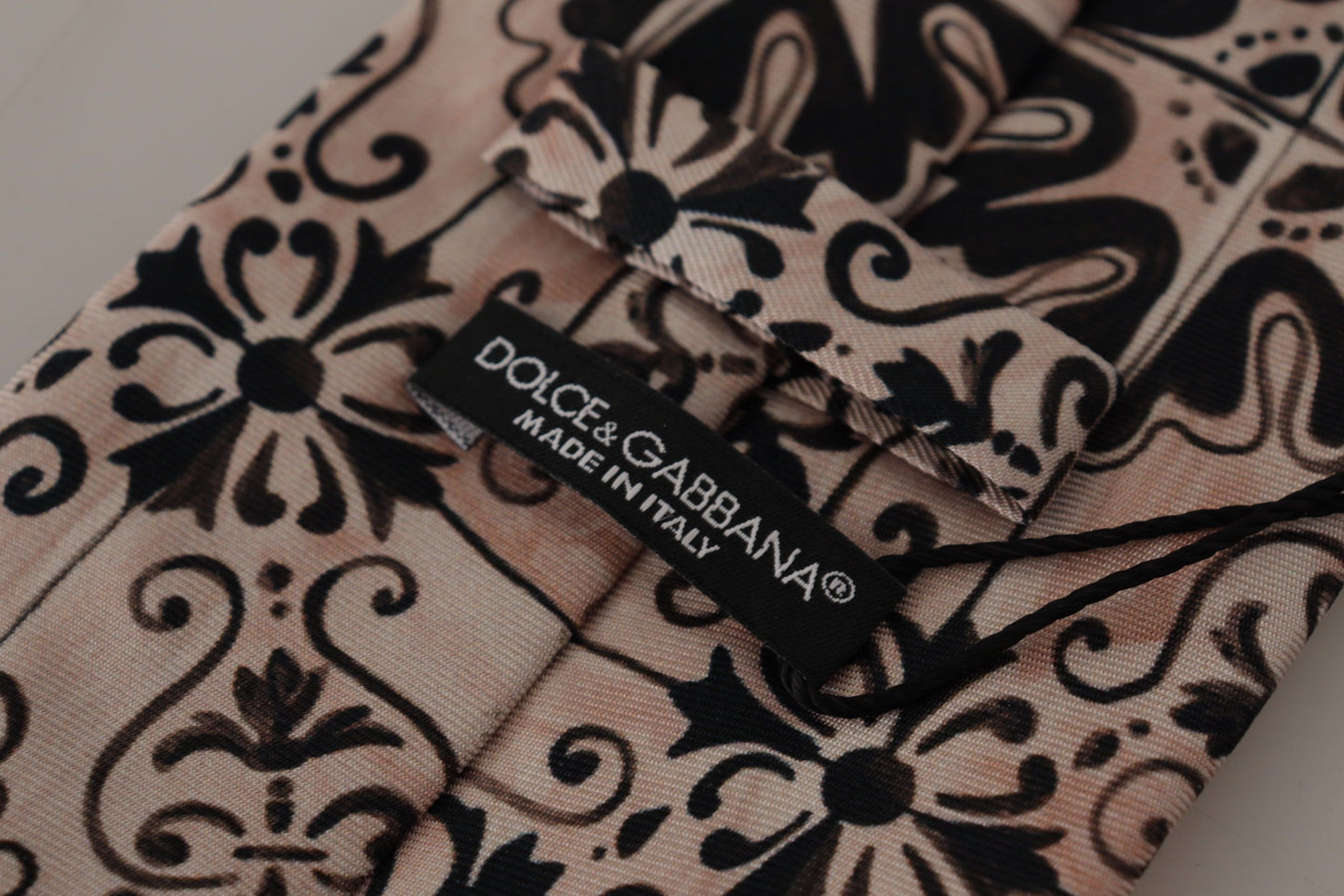 Dolce & Gabbana Beige Fantasy Pattern Necktie Accessory Black