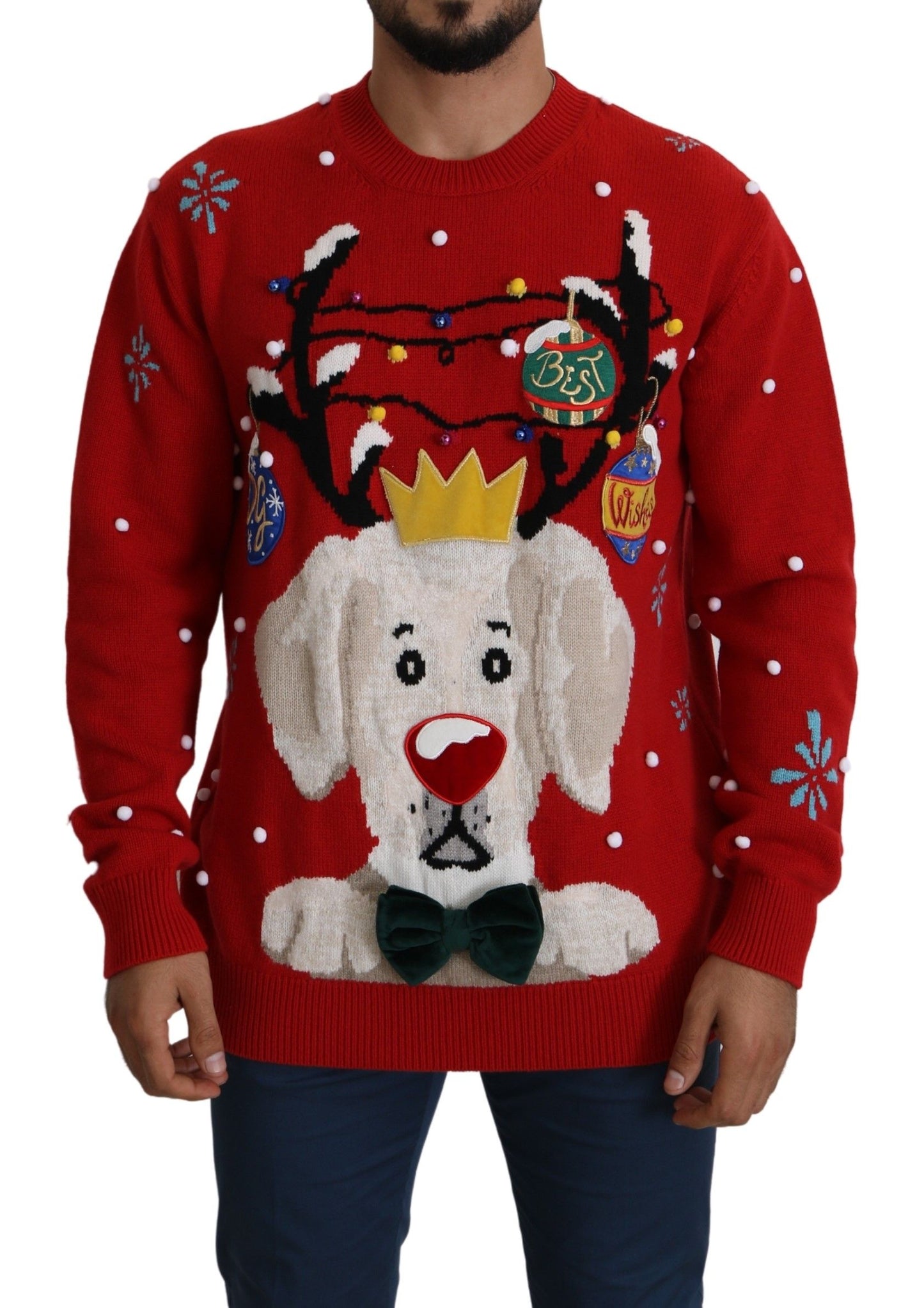 Dolce & Gabbana Red Christmas Dog Pullover Cashmere Sweater