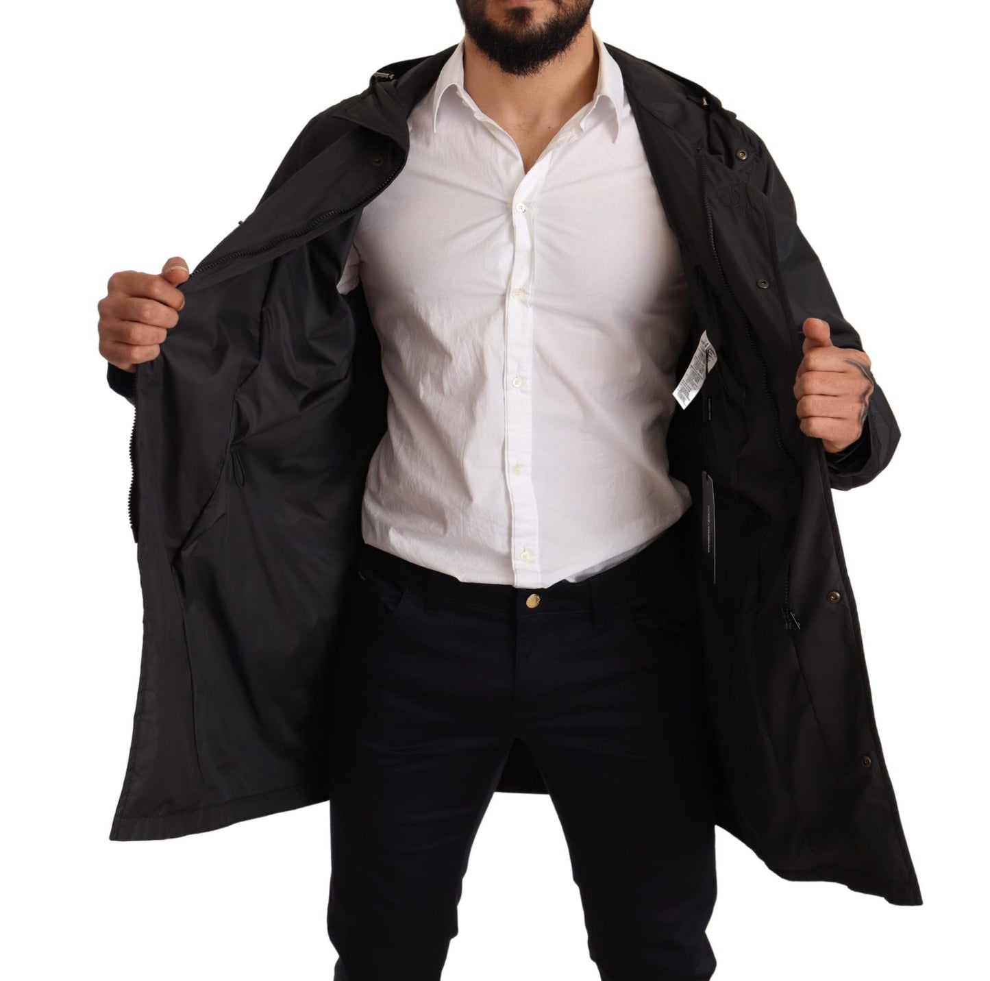 Dolce & Gabbana Black Hooded Mens Trench Coat Jacket