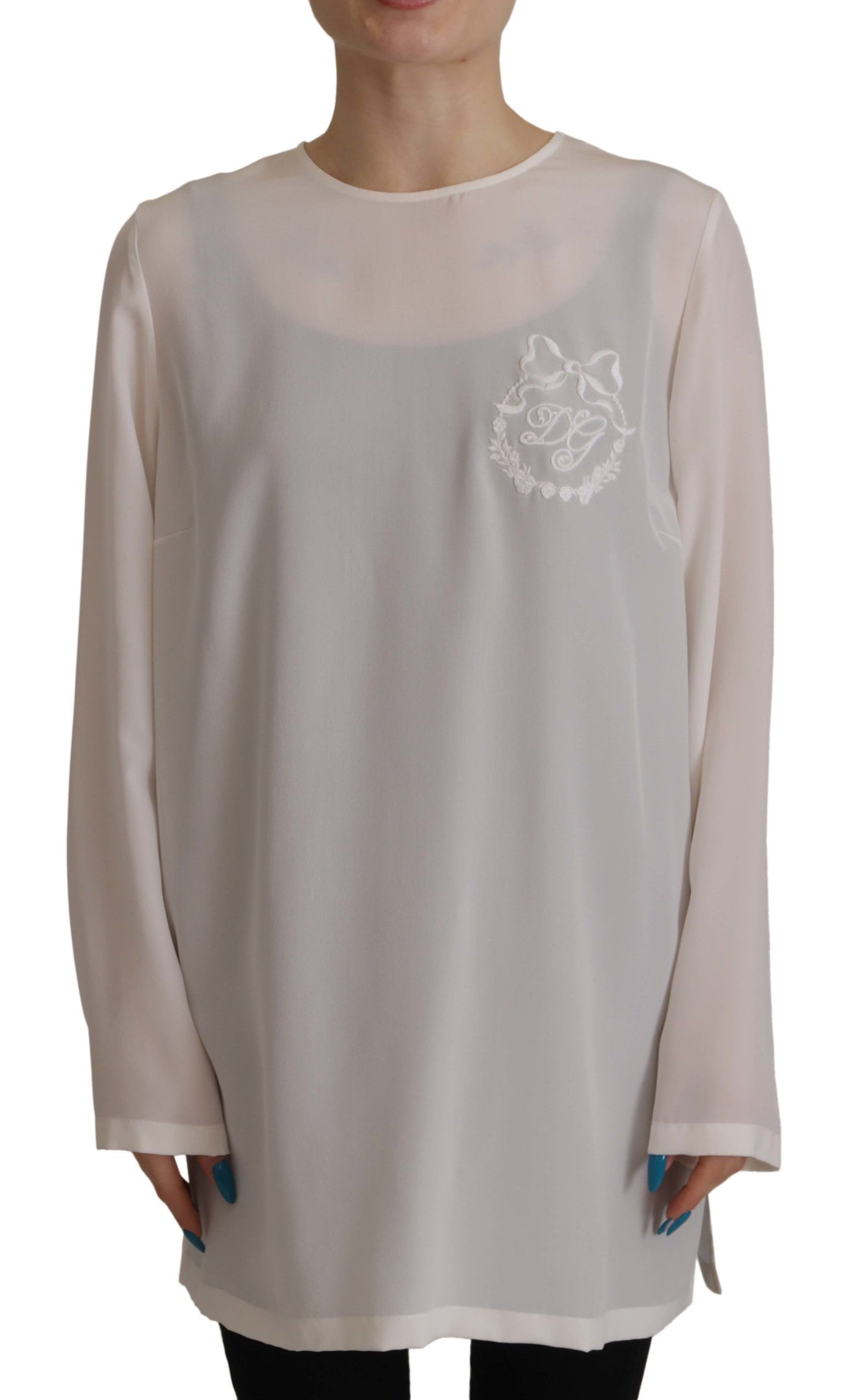 Dolce & Gabbana White Silk DG Logo Embroidered Long Sleeves Blouse