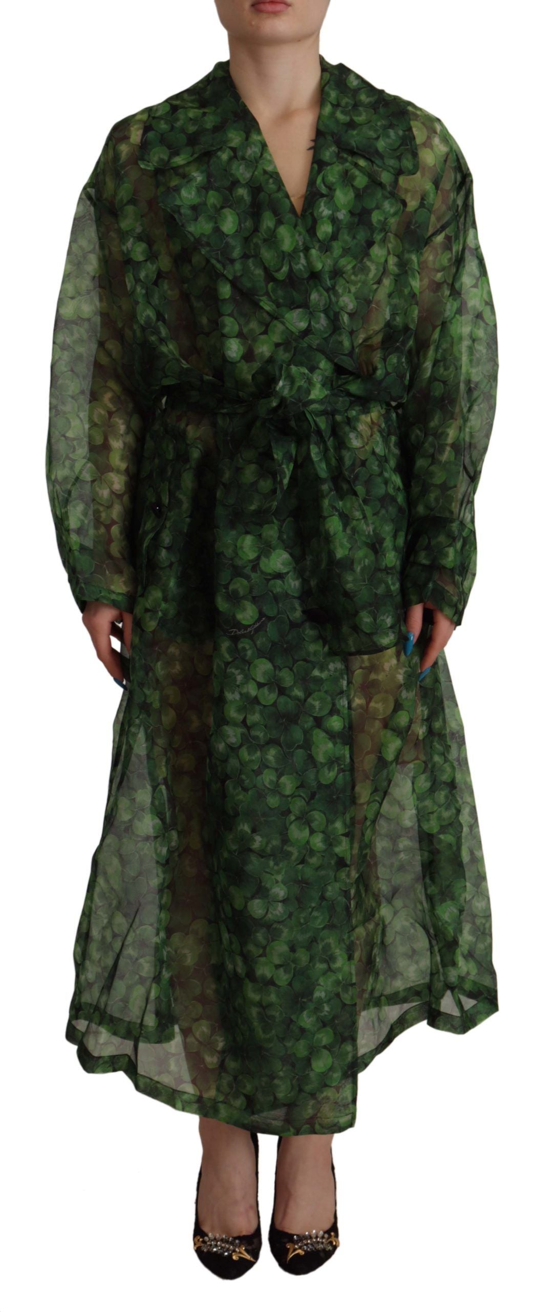 Dolce & Gabbana Green, black Coat Jacket Four Leaf Clover Print Organza Trench Dress