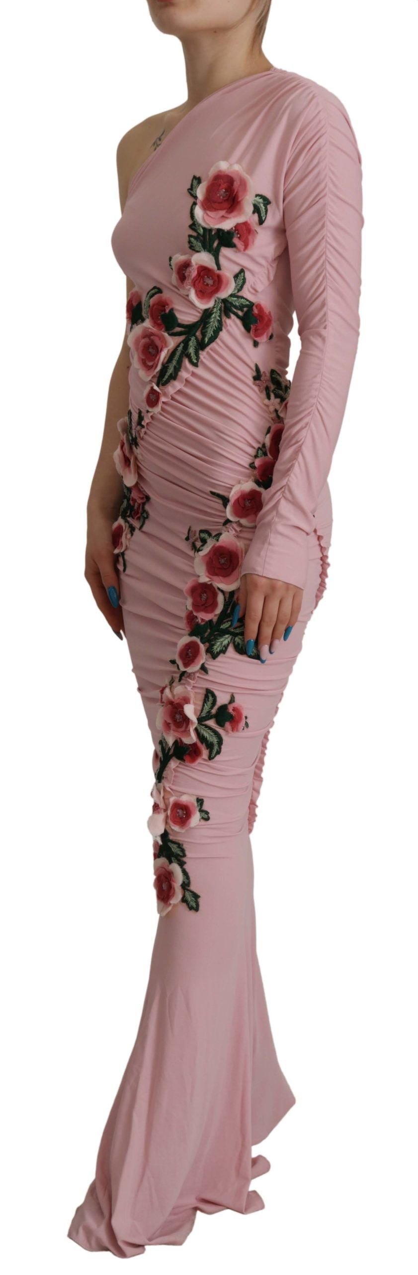 Dolce & Gabbana Pink Flower Embellished One Shoulder Dress