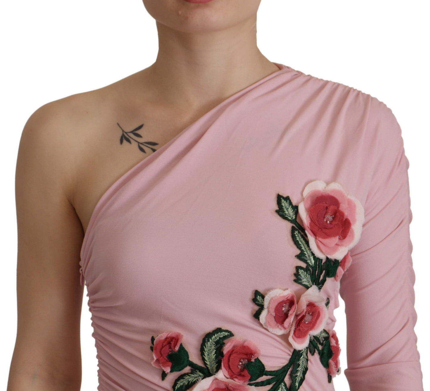 Dolce & Gabbana Pink Flower Embellished One Shoulder Dress