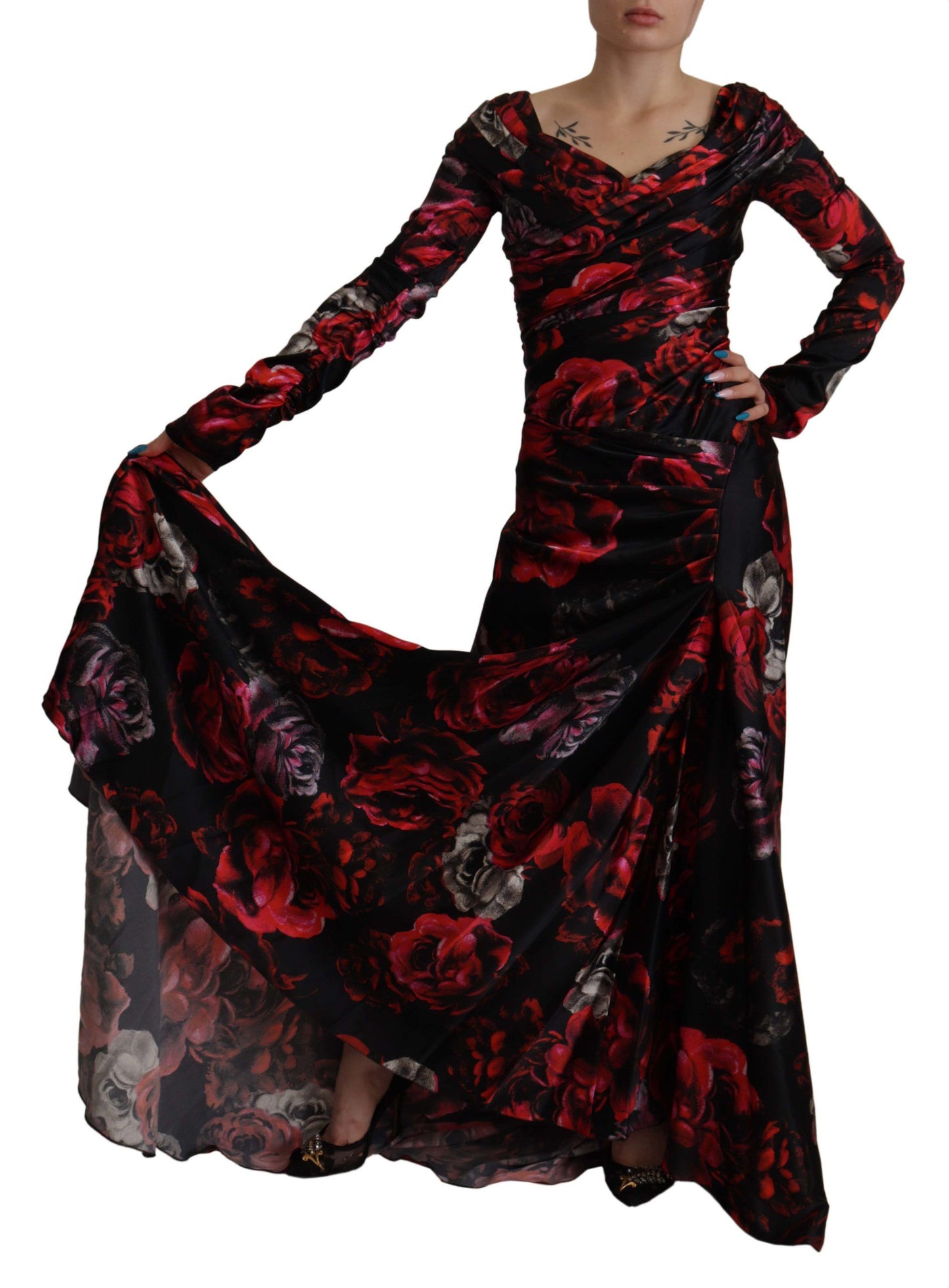 Dolce & Gabbana Black Floral Roses A-Line Sheath Gown Dress