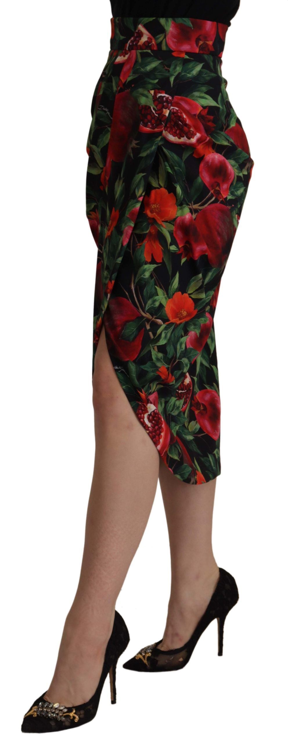 Dolce & Gabbana Black Red Fruit Stretch Wrap Skirt