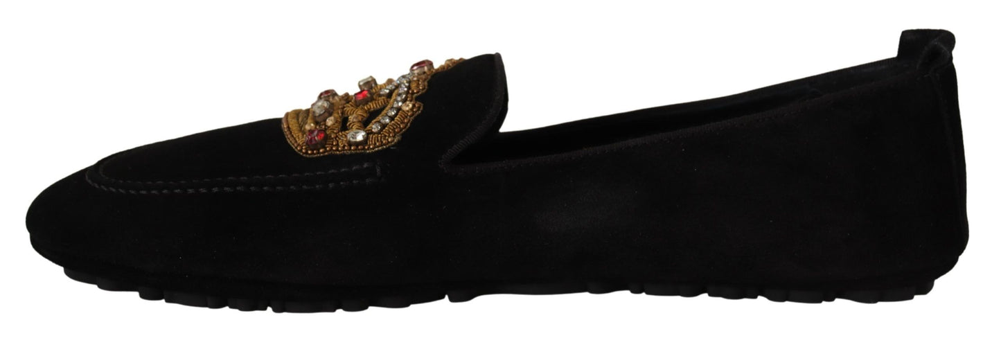 Dolce & Gabbana Elegant Black Leather Loafer Slides with Gold Embroidery