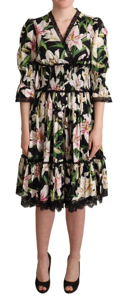 Dolce & Gabbana Black Cotton Lily Print Lace Trim Dress