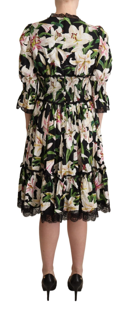 Dolce & Gabbana Black Cotton Lily Print Lace Trim Dress
