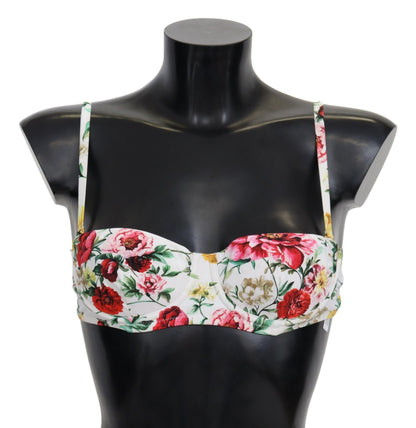 Dolce & Gabbana White Floral Print Swimsuit Beachwear Bikini Tops