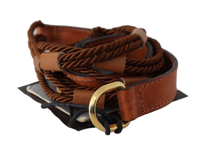 Scervino Street Brown Leather Braided Rope Gold Buckle  Belt