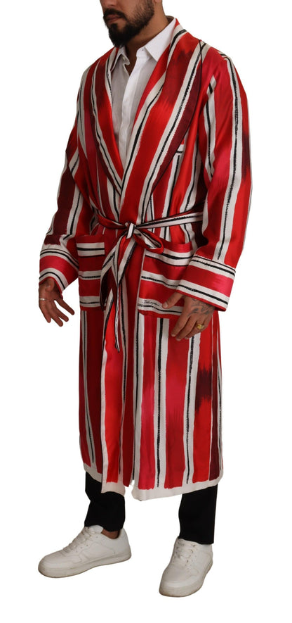 Dolce & Gabbana Red White Striped Silk Mens Night Gown Robe
