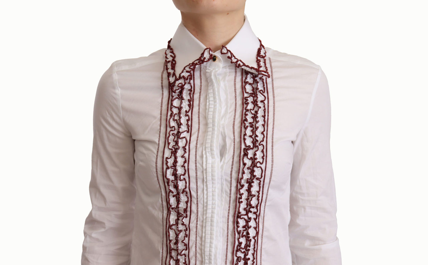 Dolce & Gabbana White Cotton Lace Long Sleeves Ruffle Collar Top Shirt