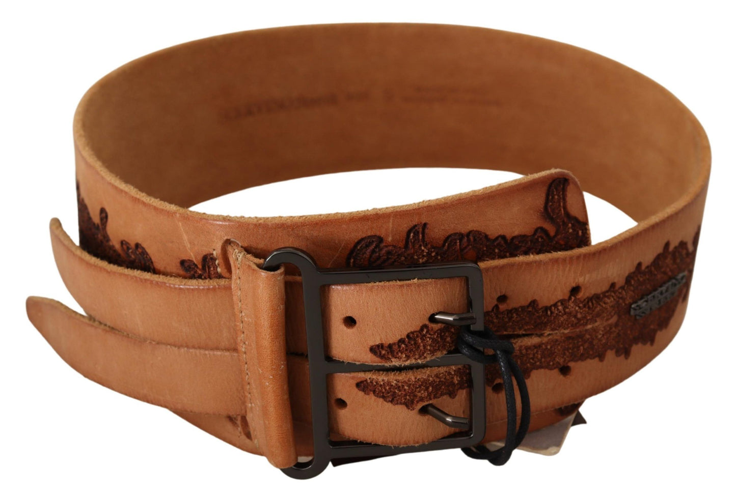 Scervino Street Brown Genuine Leather Black Logo Buckle Belt
