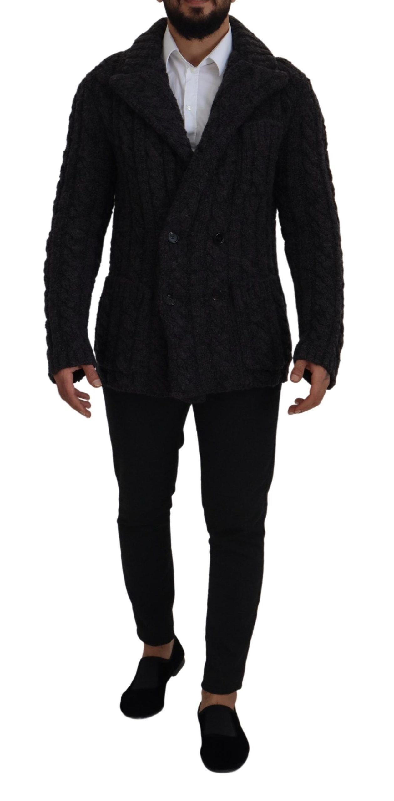 Dolce & Gabbana Black Wool Knit Double Breasted Coat Jacket