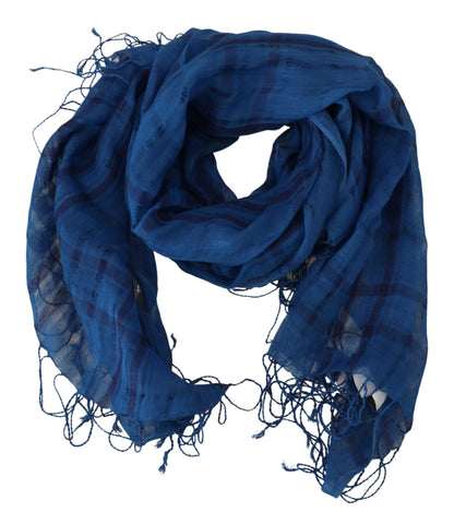 Costume National Chic Linen Fringed Scarf in Blue Checkered