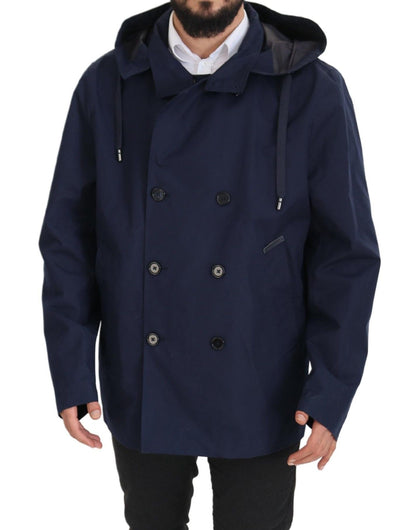 Dolce & Gabbana Blue Hooded Double Breasted Coat Jacket