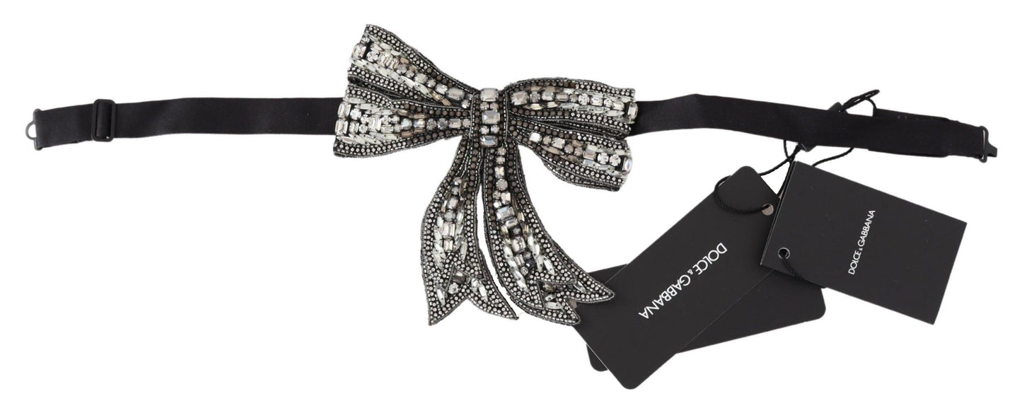 Dolce & Gabbana Silver Crystal Beaded Sequined Silk Catwalk Necklace Bowtie