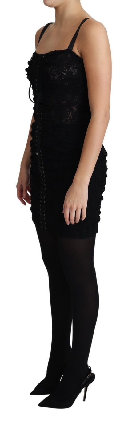 Dolce & Gabbana Black Lace Up Floral Corset Bustier Mini Dress
