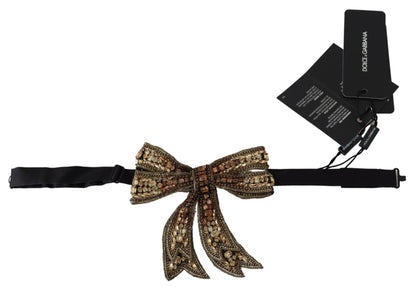 Dolce & Gabbana Gold Crystal Beaded Sequined Silk Catwalk Necklace Bowtie