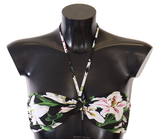 Dolce & Gabbana Black Lily Print Swimsuit Bikini Top Swimwear
