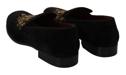 Dolce & Gabbana Elegant Black Loafers with Gold Crown Embroidery