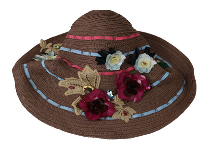 Dolce & Gabbana Brown Floral Wide Brim Straw Floppy Cap Hat