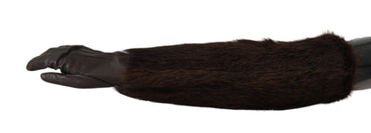 Dolce & Gabbana Brown Elbow Length Mittens Leather Fur Gloves