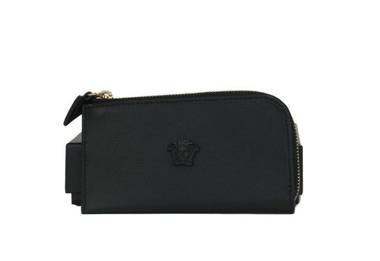 Versace Smooth Leather Matte Medusa Head Organizer Zip Card Case Wallet Black