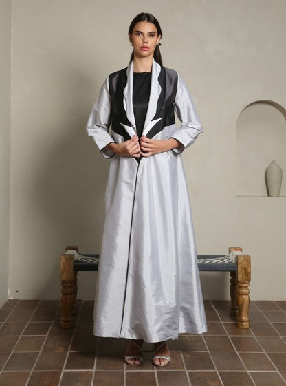 Sophisticated Simplicity, Collared Front Open Abaya in Subtle Grey Tones.