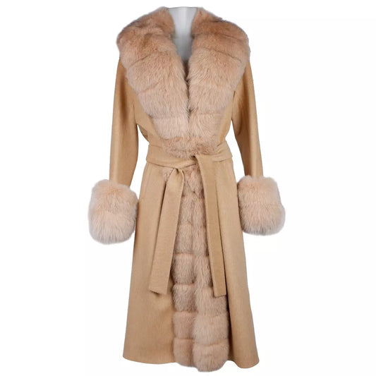 Made in Italy Elegant Beige Wool Coat with Fox Fur Trim