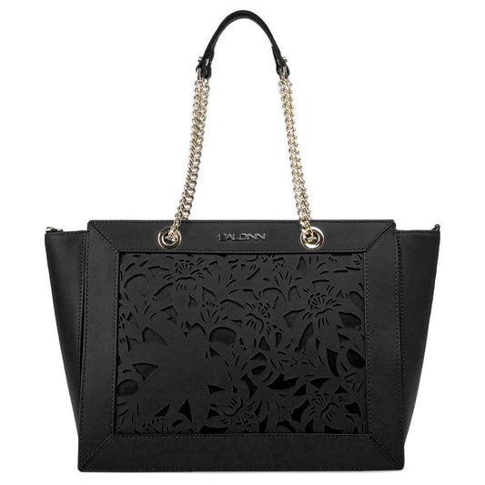 Baldinini Trend Elegant Black Floral Calfskin Shoulder Bag