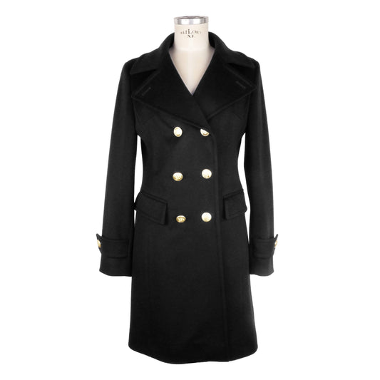 Made in Italy Elegant Black Woolen Coat with Gold Buttons