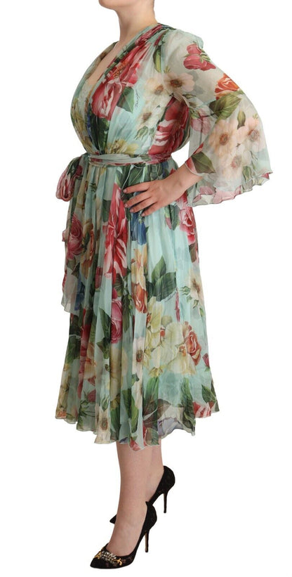 Dolce & Gabbana Elegant Floral Green Midi Silk Dress