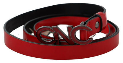 Costume National Red Black Reversible Leather Logo Buckle Belt