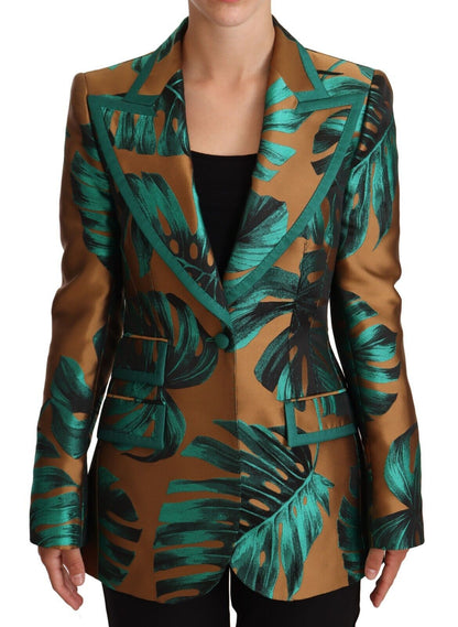 Dolce & Gabbana Brown Green Leaf Jacquard Coat Jacket