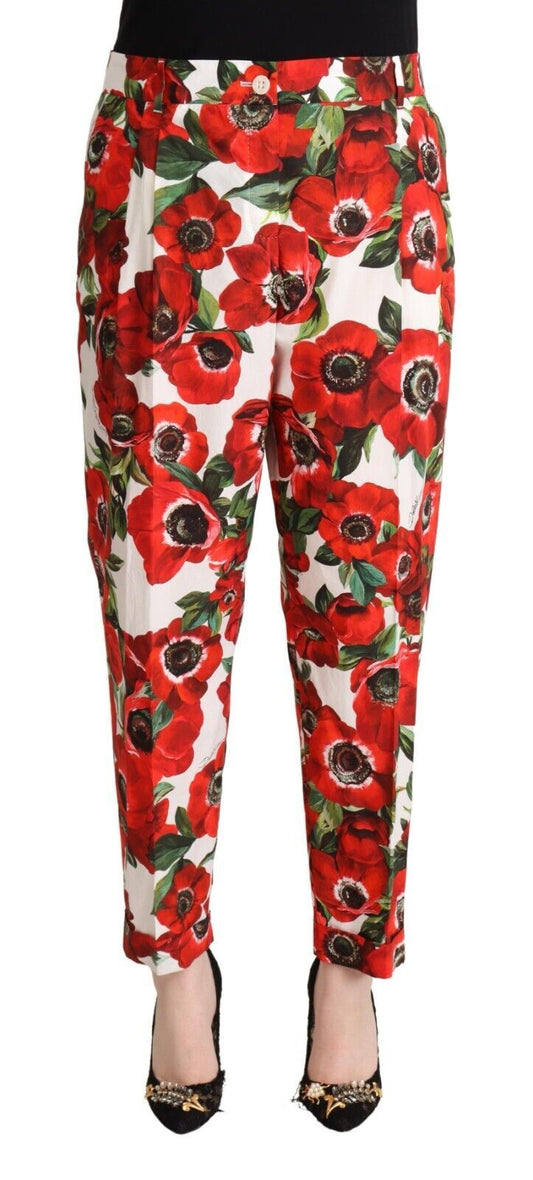Dolce & Gabbana White Red Anemone Cotton Trouser Tapered Pants